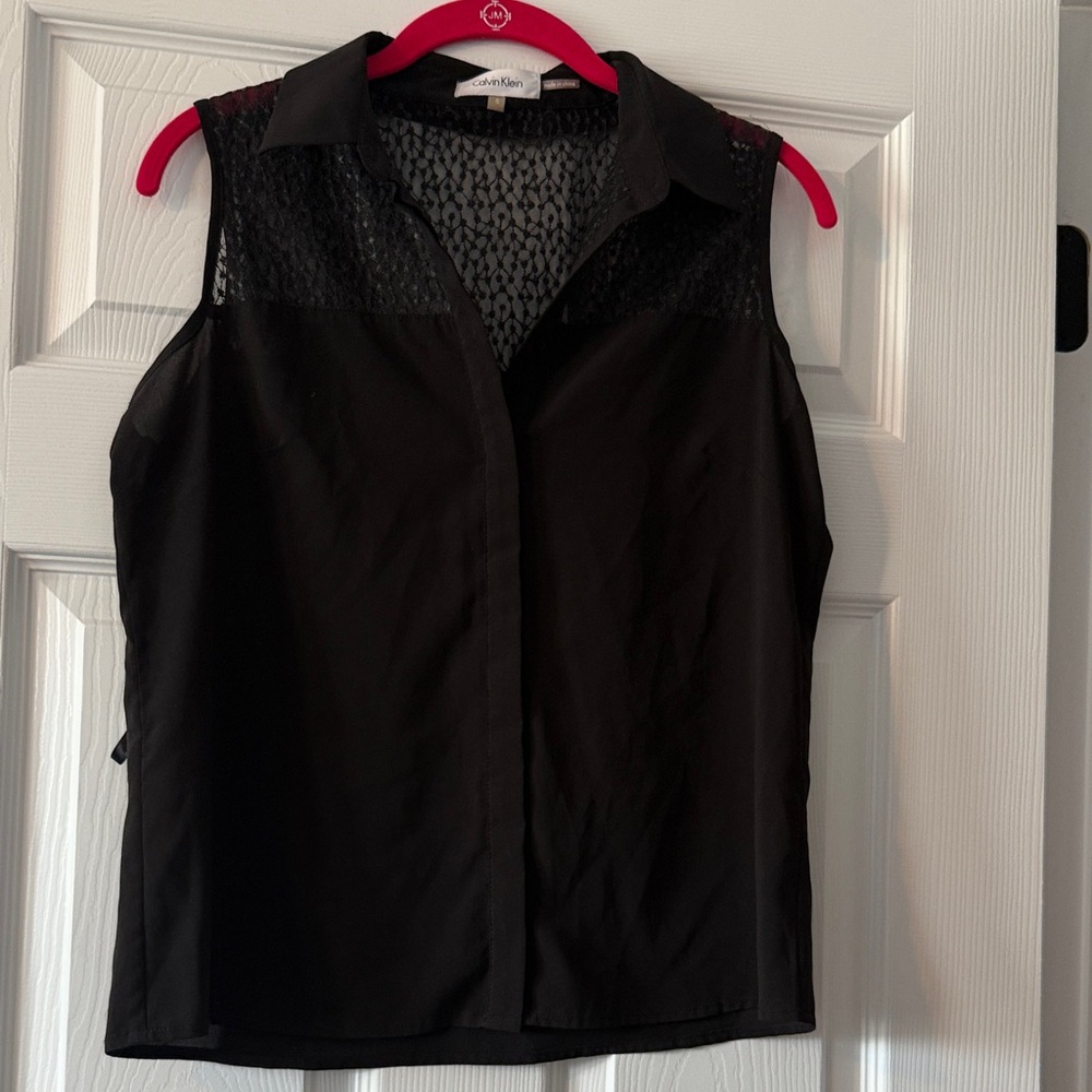 Calvin Klein Black Sleeveless Lace-Yoke Collared Camisole Top